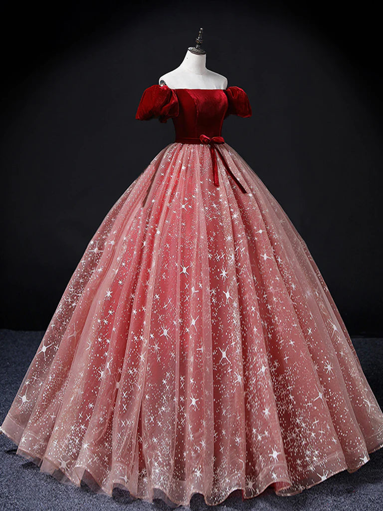 Burgundy/Pink Tulle Velvet Long Prom Dress, Burgundy Formal Dress MD7168