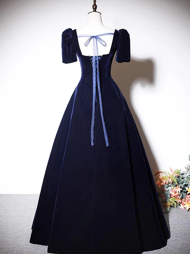 A-Line Dark Blue Velvet Long Prom Dress, Blue Formal Evening Dress MD7171
