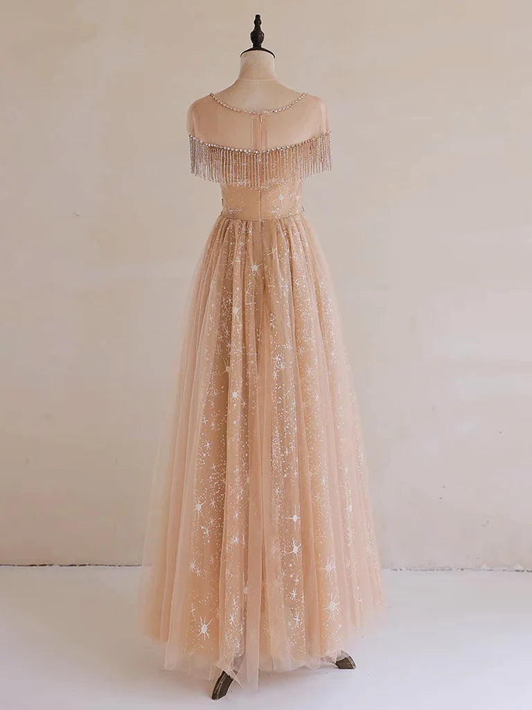 A-Line Lace Champagne Long Prom Dress, Champagne Lace Long Formal Dress MD7170