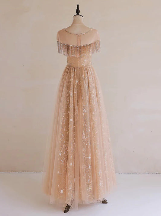 Robe de bal longue coupe trapèze en dentelle champagne, robe de soirée longue en dentelle champagne MD7170