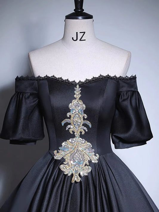 Robe de bal longue en satin noir coupe trapèze, robe de soirée longue en satin noir MD7172