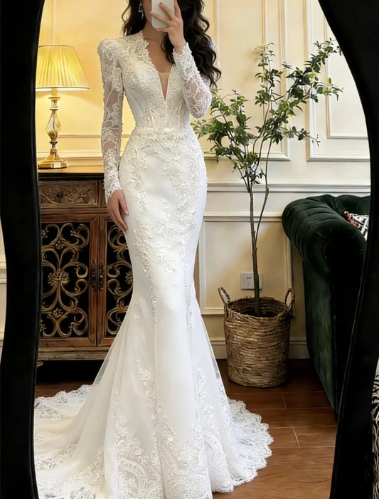Elegant Wedding Dress V-neck Long Sleeves Mermaid Wedding Dress D4586