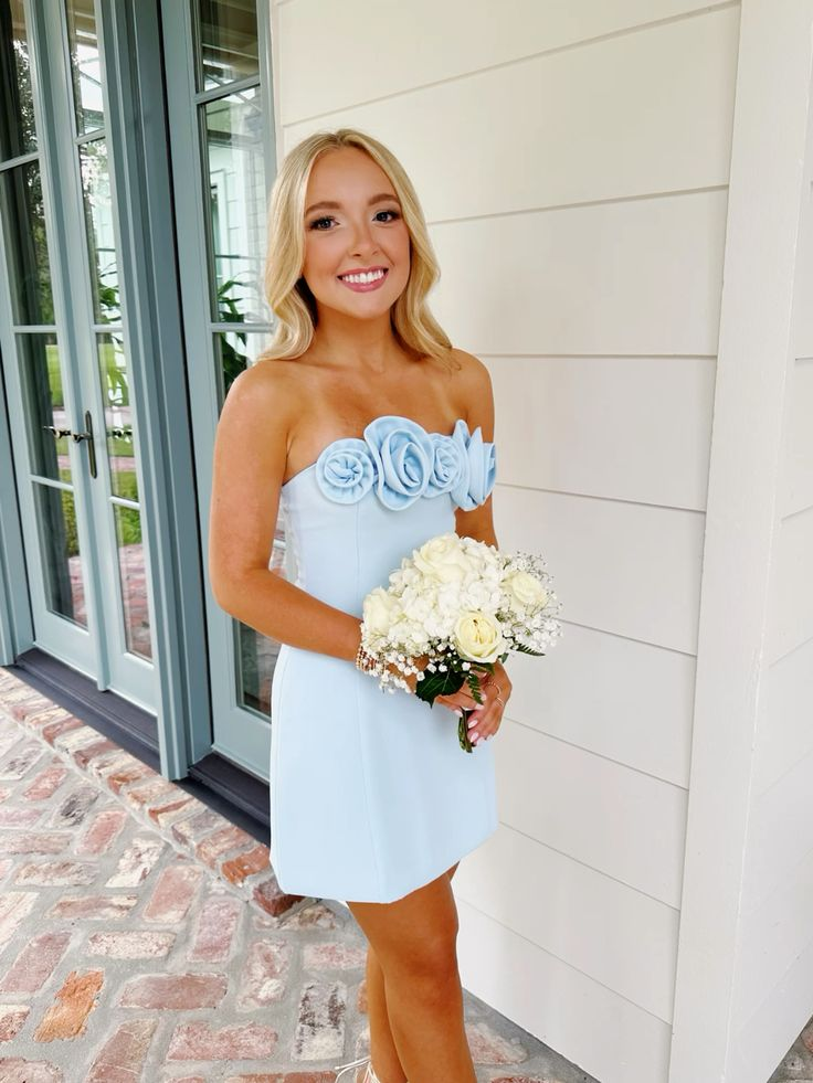 Blue Rose Strapless Sheath Short Party Dress Homecoming Dress MD7381