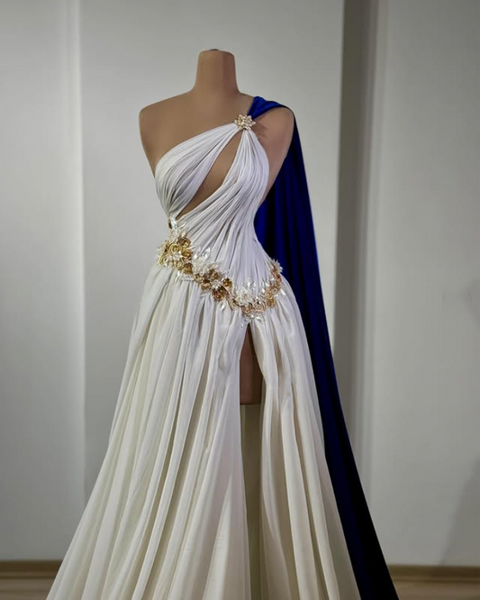 Sexy weißes One-Shoulder-A-Linie Split langes Abendkleid Party Ballkleider, D915