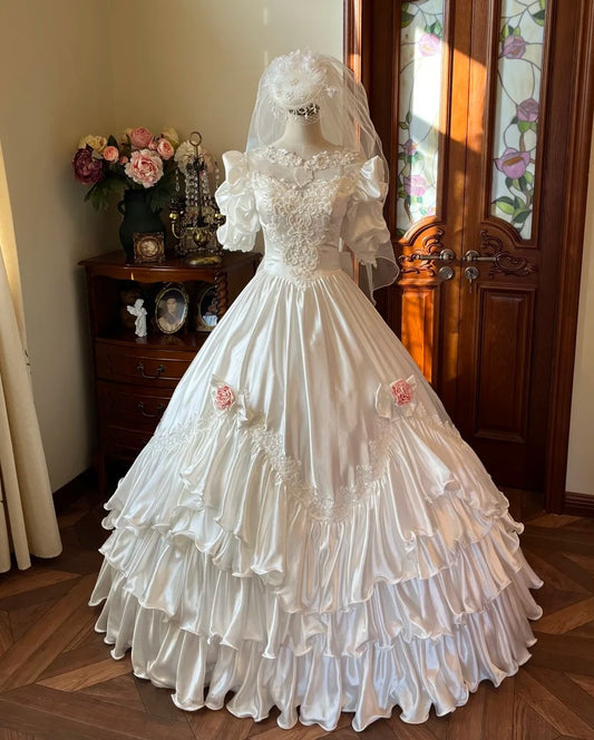 Retro Wedding Dress Crew Neck Pleated Wedding Dress D4608