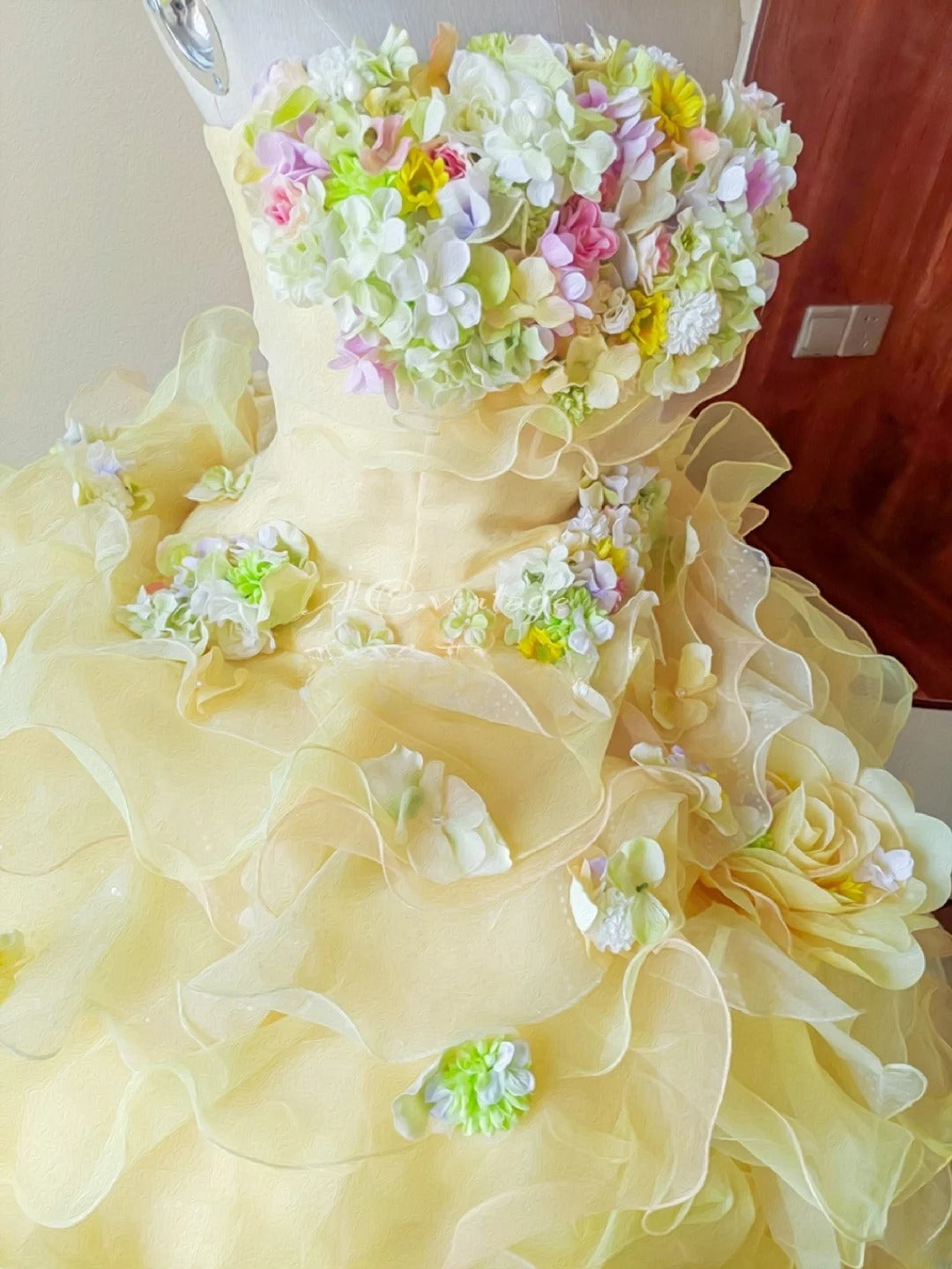 Charming Prom Dress Light Yellow Strapless Floral Ruffle Sweet 16 Dress Quinceanera Dress Ball Gown D4650