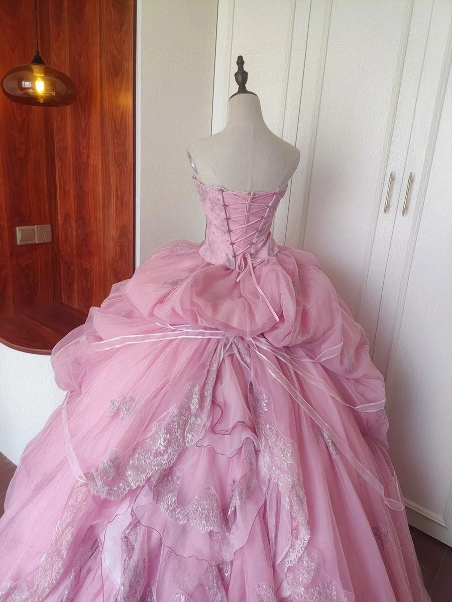 Charming Prom Dress Light Pink Strapless Pleated Tulle Evening Dress Quinceanera Dress Ball Gown D4653