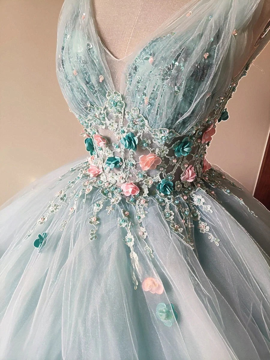 Stunning Prom Dress Light Blue V-neck Pleated Tulle Evening Dress Quinceanera Dress Ball Gown D4654