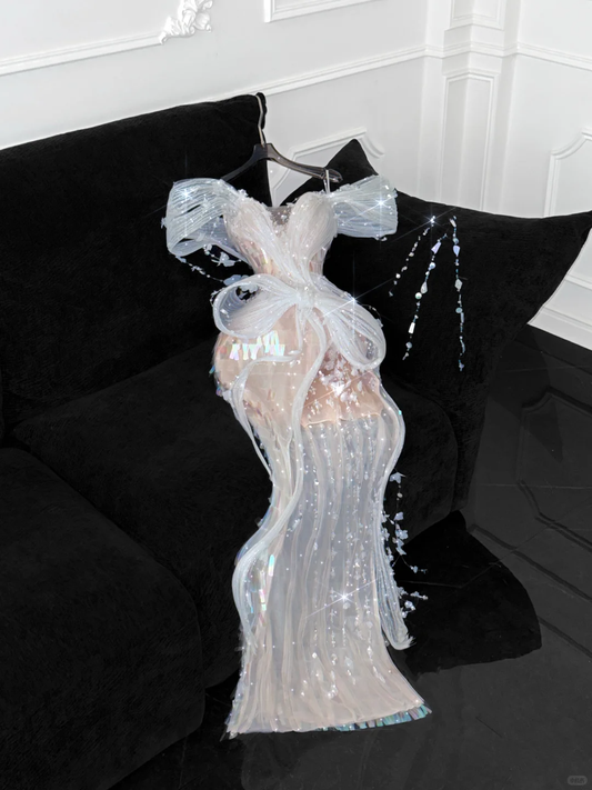 Robe de soirée élégante en mousseline de soie, style fourreau, à épaules dénudées, à paillettes champagne scintillantes, vintage, D1628