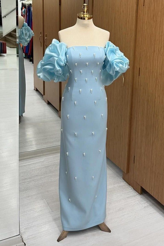 Robe de soirée longue bleu clair en satin bustier et perles MD7382