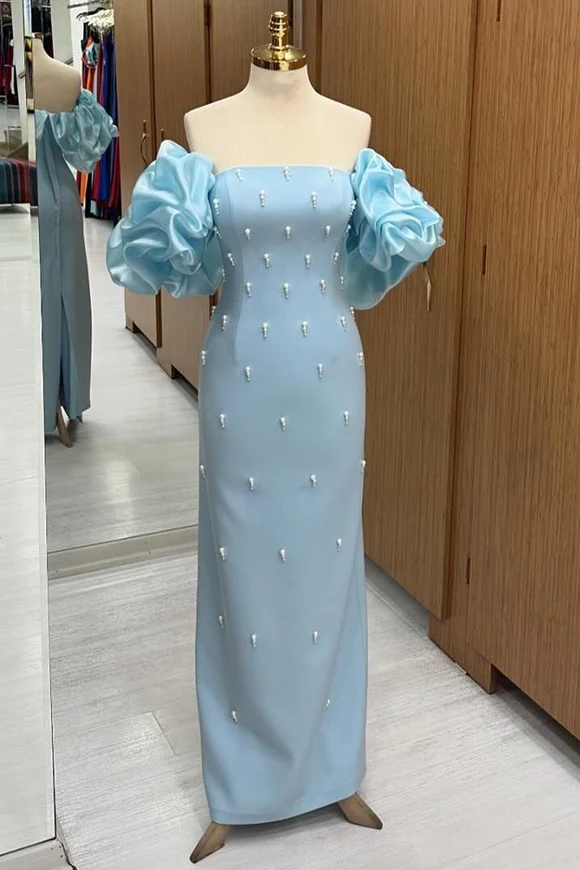 Robe de soirée longue bleu clair en satin bustier et perles MD7382