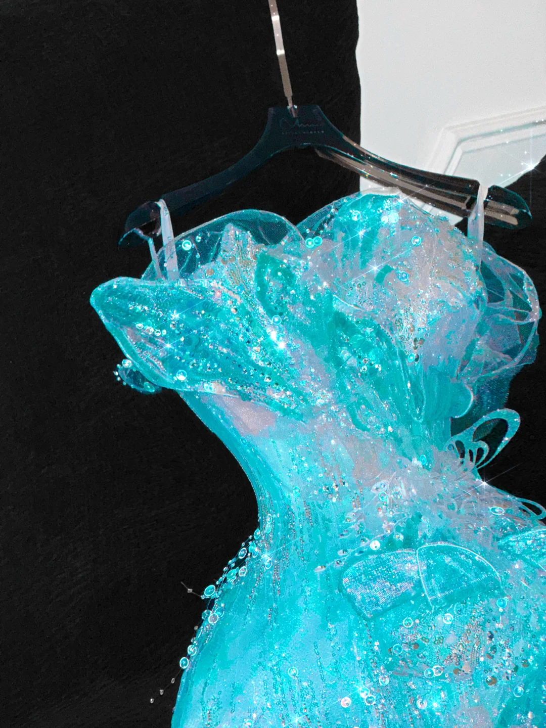 Gorgeous Sparkling Blue Beaded Sequin Mermaid Elegant Chiffon Tulle Evening Dress Prom Dresses D1615