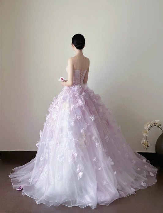 Charming Ball Gown Lialc Strapless Pleated Tulle Floral Prom Dresses Evening Gala Gown Quinceanera Dress D4717