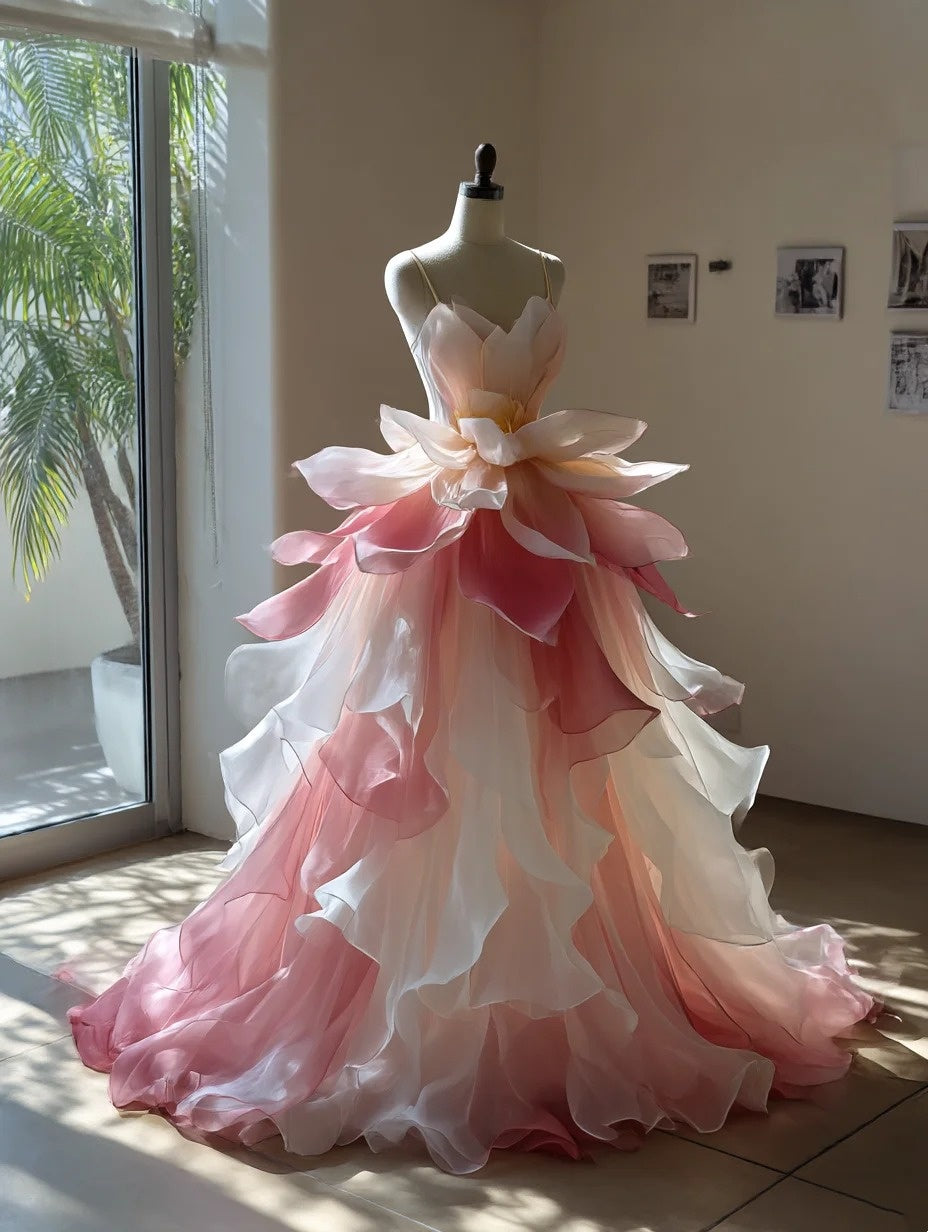 Chic Ball Gown Obmre Spaghetti Straps Pleated Ruffle Prom Dresses Evening Gala Gown Quinceanera Dress D4736