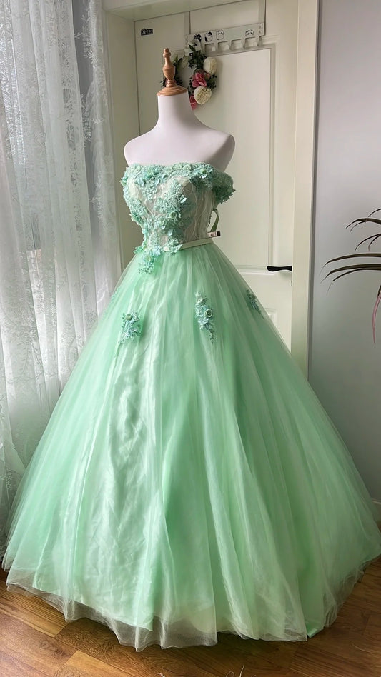 Beauty Ball Gown Light Green Strapless Pleated Tulle Prom Dresses Evening Gala Gown Birthday Party Dress D4742