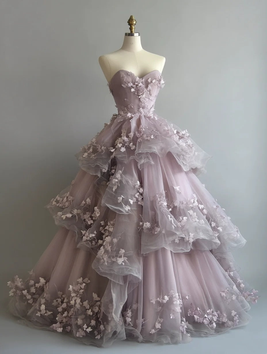 New Arrival Ball Gown Sweetheart Tulle Tiered Floral Prom Dresses Evening Gala Gown Quinceanera Dress D4762