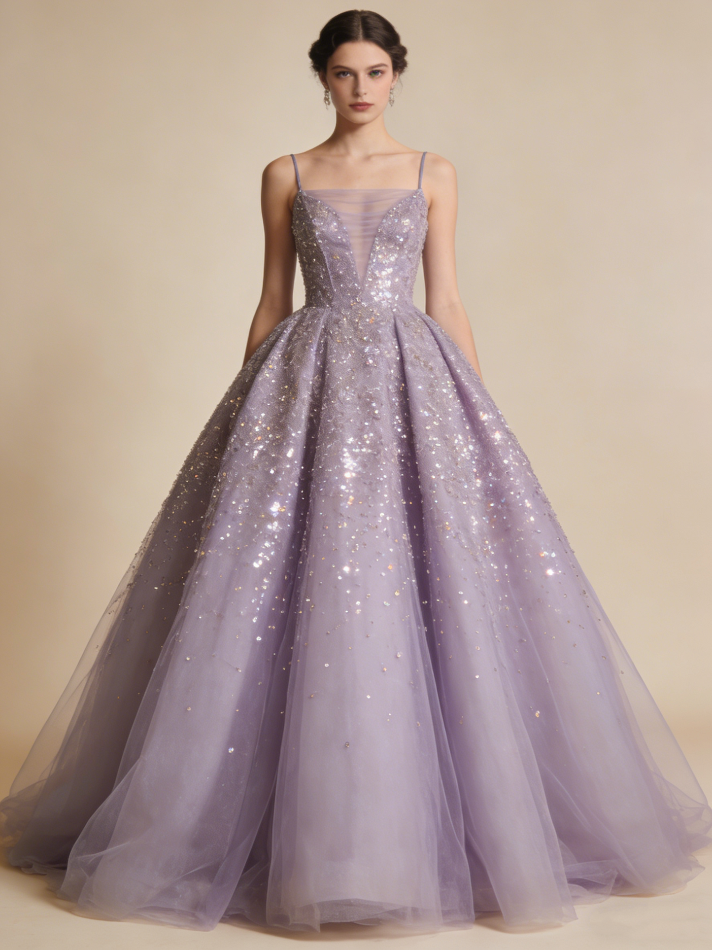 Shiny Ball Gown Light Purple Spaghetti Straps Pleated Tulle Prom Dresses Quinceanera Dress Evening Gala Gown D4789