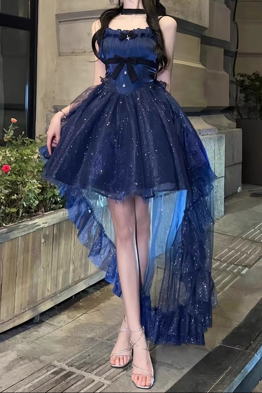 Unique Homecoming Dress Spaghetti Strap Sequins Bowknot Hi-Lo Back to School Outfits Party Dress D7759