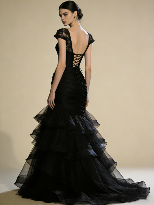 Black Prom Dress Boat Neck Pleated Mermaid Gala Gown Birthday Party Outfits Evening Dress D4801
