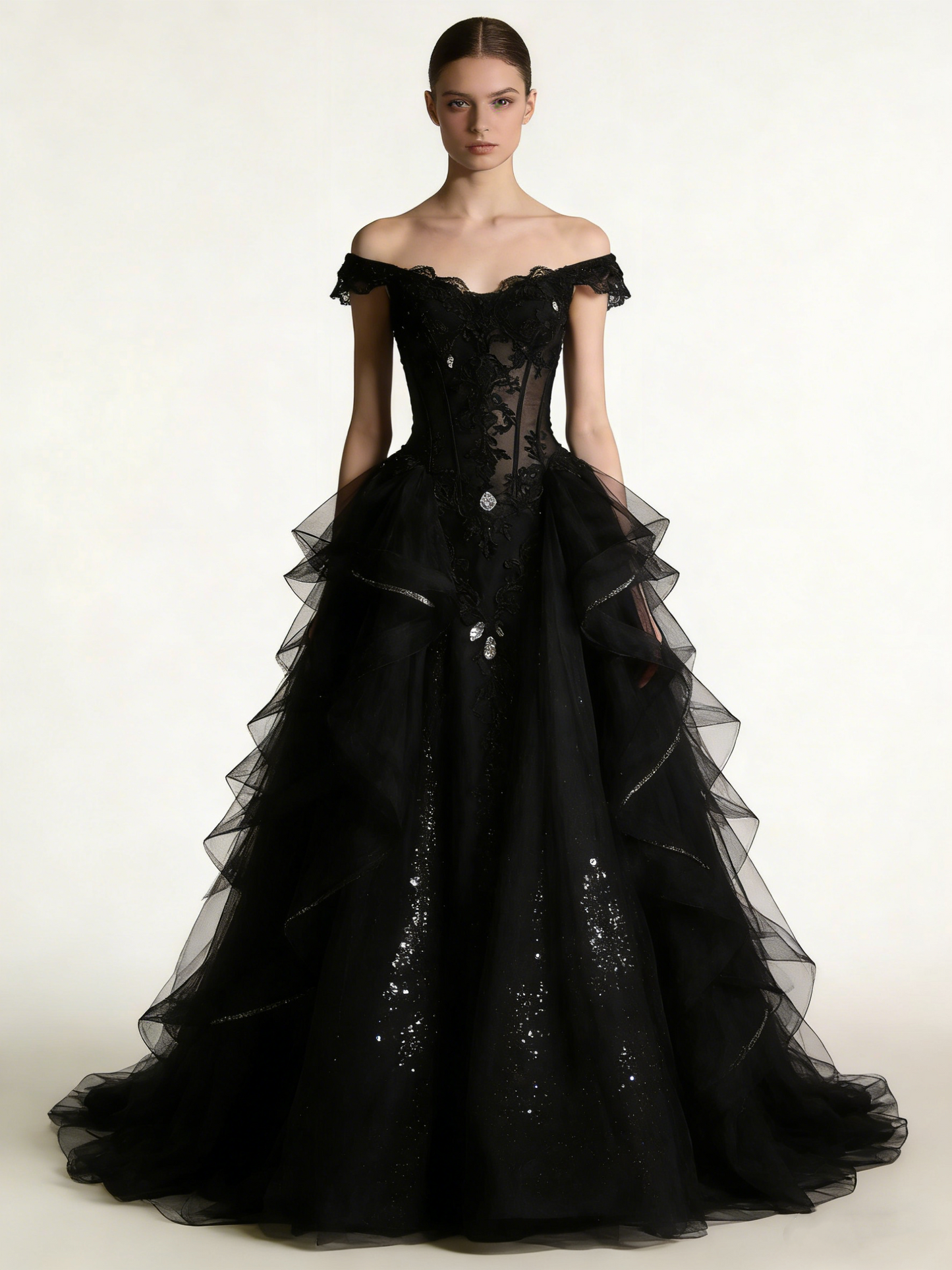 Beauty Prom Dress Black Off Shoulder Pleated Tulle Gala Gown Birthday Party Outfits Evening Dress D4802