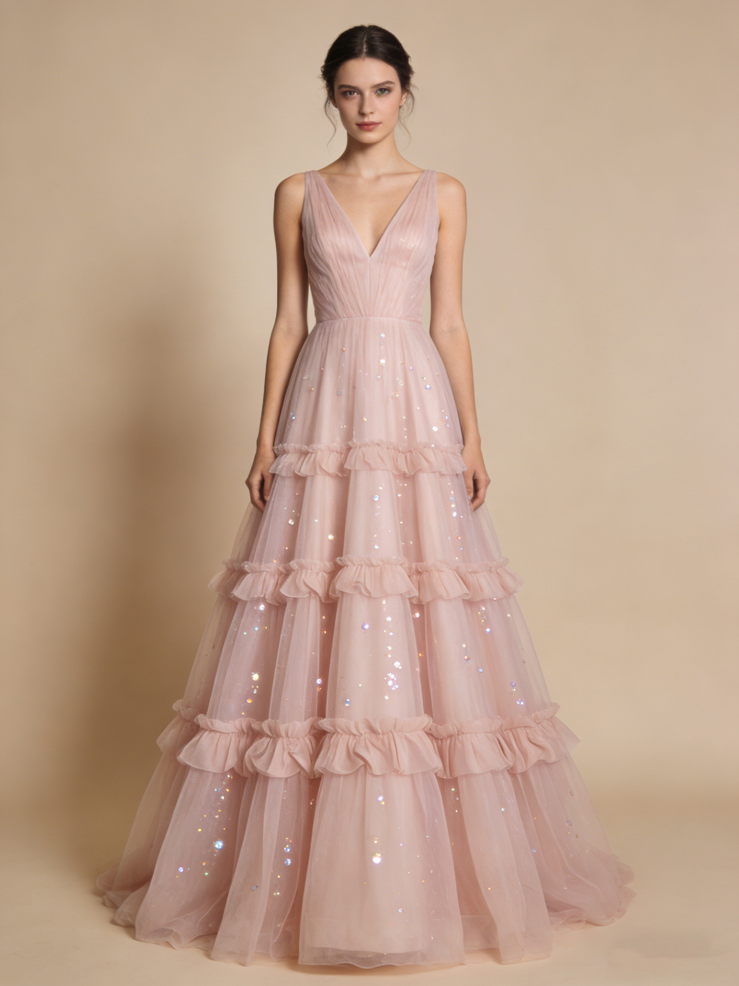 Chic Prom Dress V-neck Tulle Pleated Cocktail Outfits Gala Dress Evening Gown D4817
