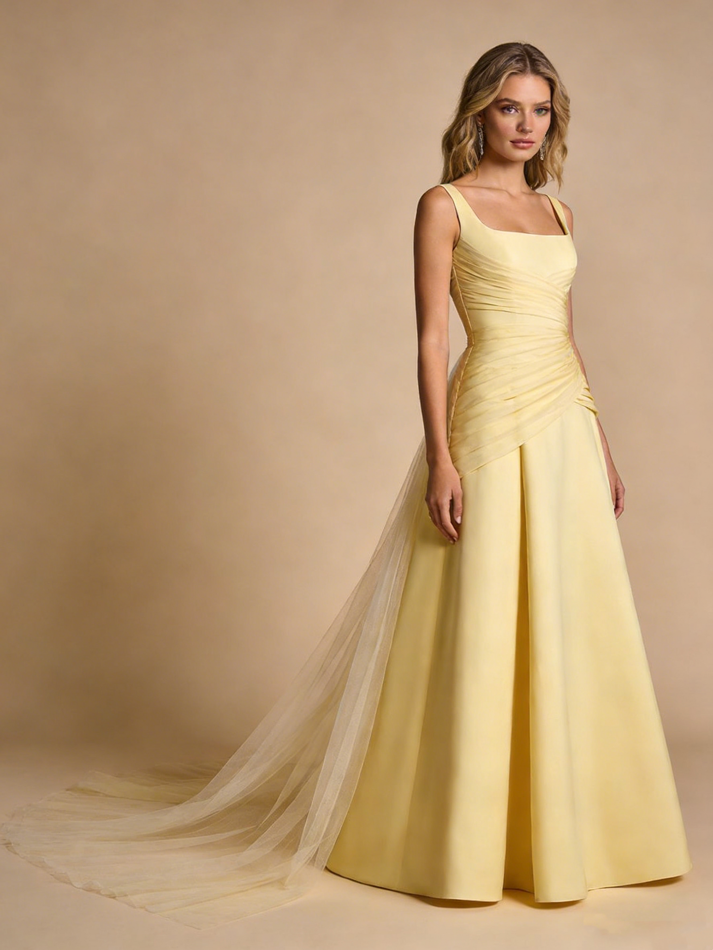 A Line Prom Dress Light Yellow Square Neck Pleated Gala Dress Birthday Party Outfits Evening Gown D4824