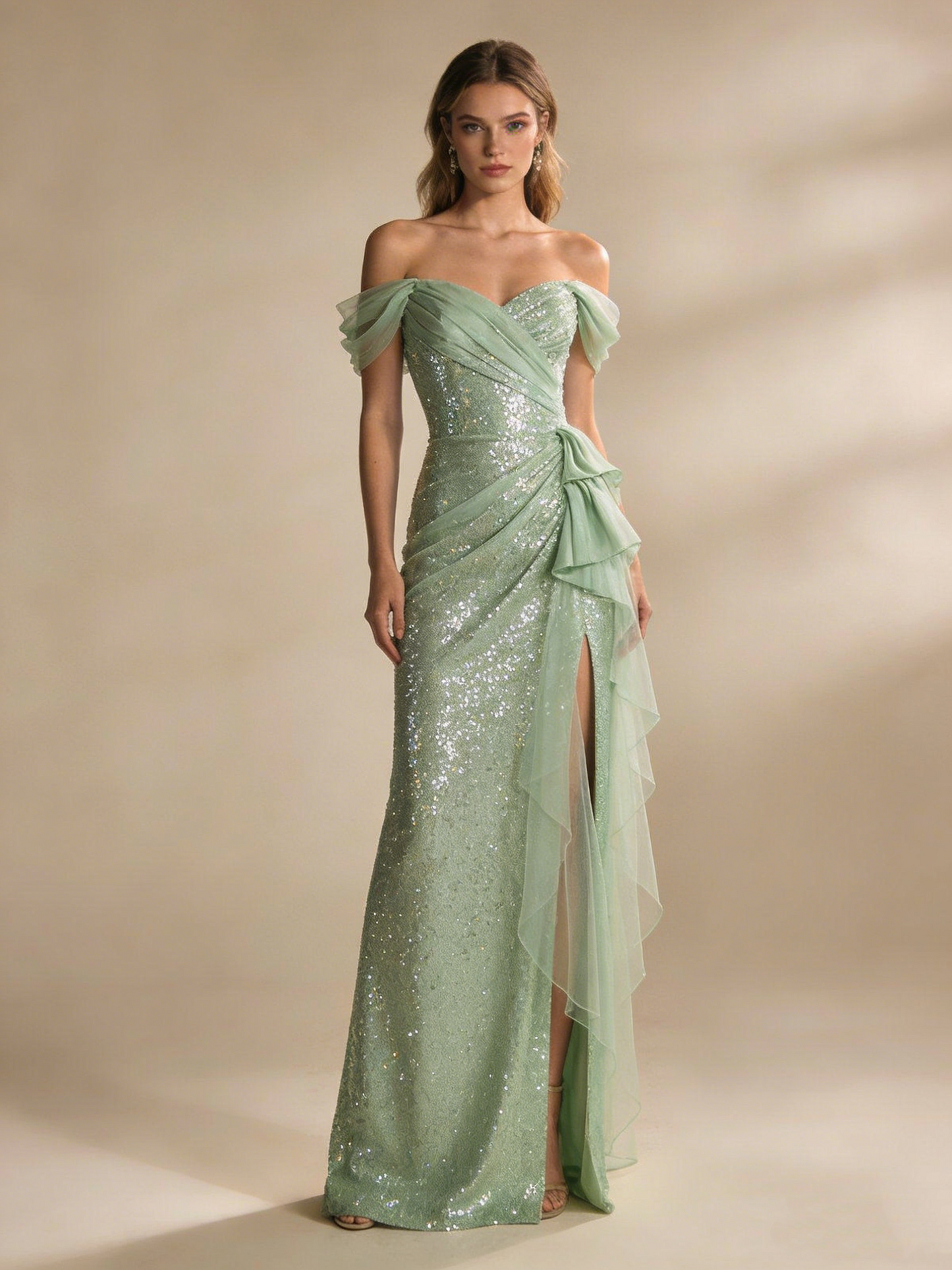 Chic Prom Dress Light Green Off Shoulder Pleated Tulle Birthday Party Outfits Gala Dress Evening Gown D4831