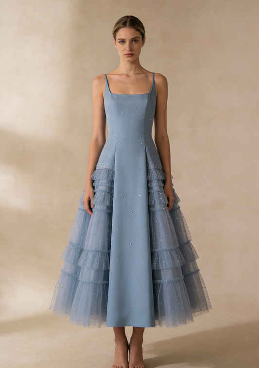 A Line Prom Dress Light Blue Square Neck Pleated Tulle Evening Gown Birthday Party Outfits Gala Dress D4843