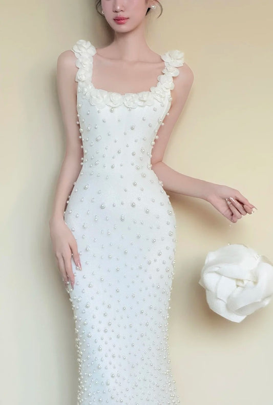 Elegant Prom Dress White Square Neck Sheath Beading Gala Dress Evening Gown Birthday Party Outfits D4849