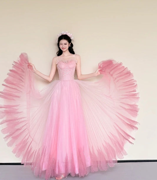 Stunning Prom Dress Pink Spaghetti Straps Pleated Tulle Gala Dress Evening Gown Birthday Party Outfits D4852