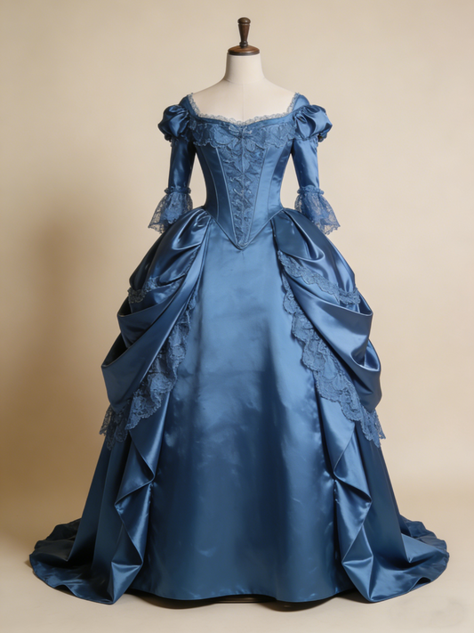 Newest Ball Gown Blue Square Neck Lace Evening Gala Gown Prom Dresses Quinceanera Dress D4859