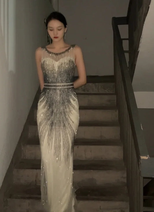 Sparkling Prom Dress Crew Neck Beading Gala Evening Gown Dress Cocktail Outfits D4873