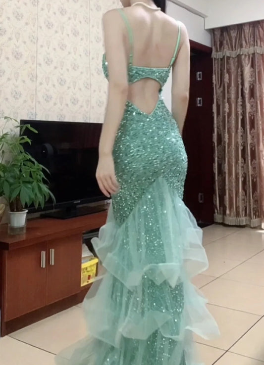 Sparking Prom Dress Spaghetti Straps Tulle Mermaid Birthday Party Outfits Backless Evening Gown Gala Dress D4897