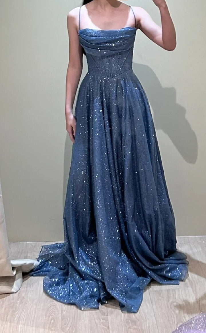 Fashion Prom Dress Navy Blue Spaghetti Straps Pleated Birthday Party Outfits Evening Gown Gala Dress D4911