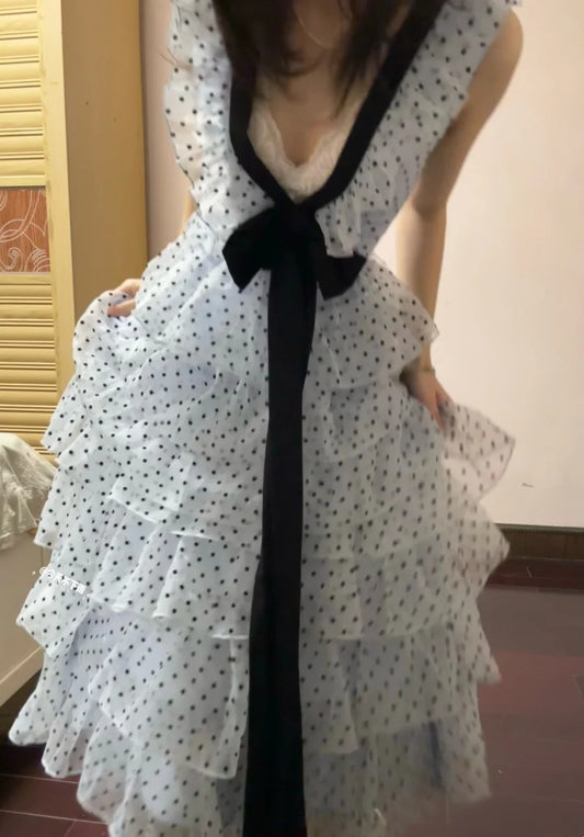 Chic Prom Dress Baby Blue V-neck Polka Dots Gala Dress Evening Gown Birthday Party Outfits D4913