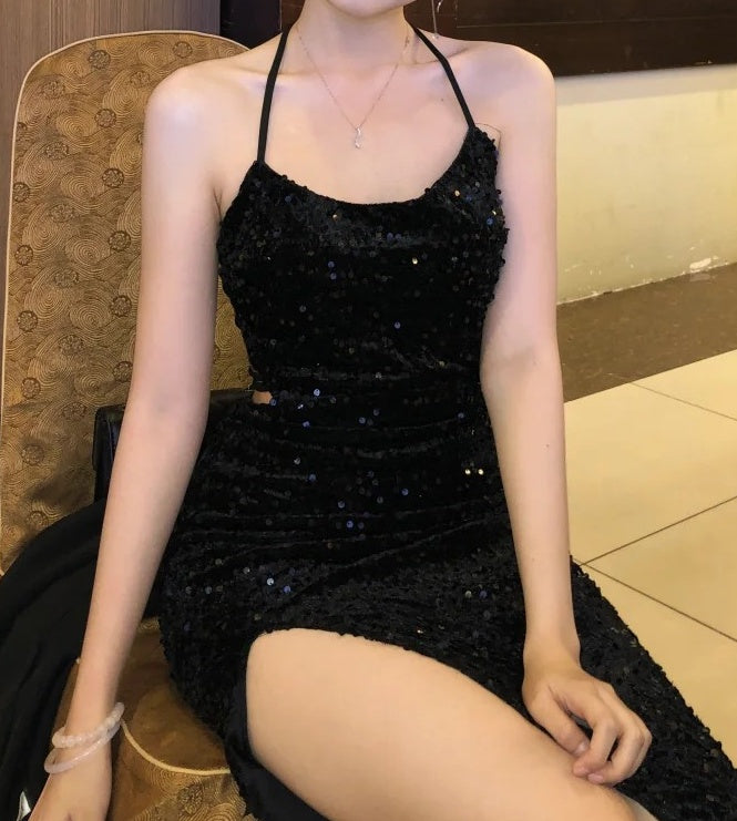 Sexy Prom Dress Black Spaghetti Straps Sequins Backless Gala Gown Evening Dress Birthday Party Outfits D4923