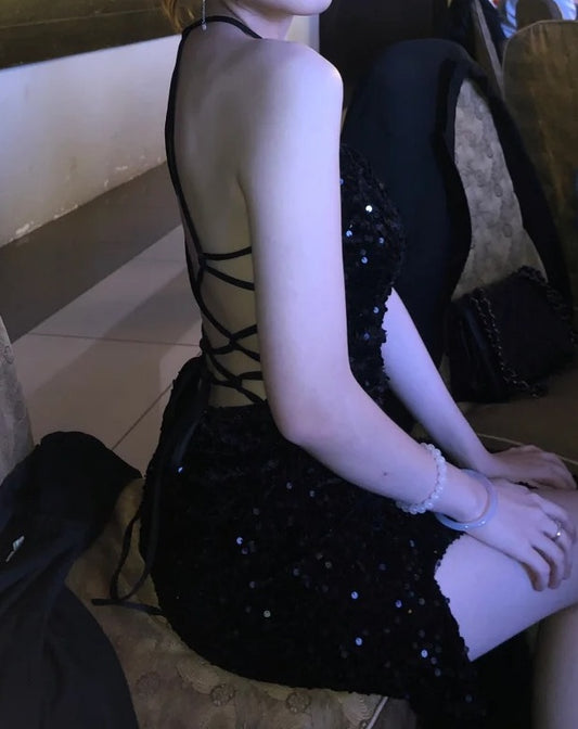 Sexy Prom Dress Black Spaghetti Straps Sequins Backless Gala Gown Evening Dress Birthday Party Outfits D4923