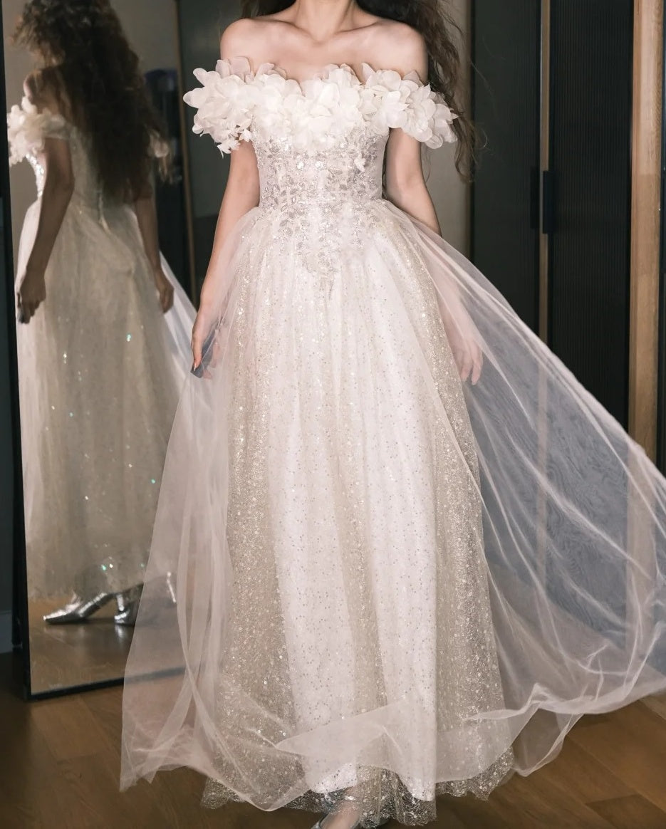 Elegant Prom Dress Off Shoulder Pleated Tulle Gala Gown Party Outfits Evening Dress D4931