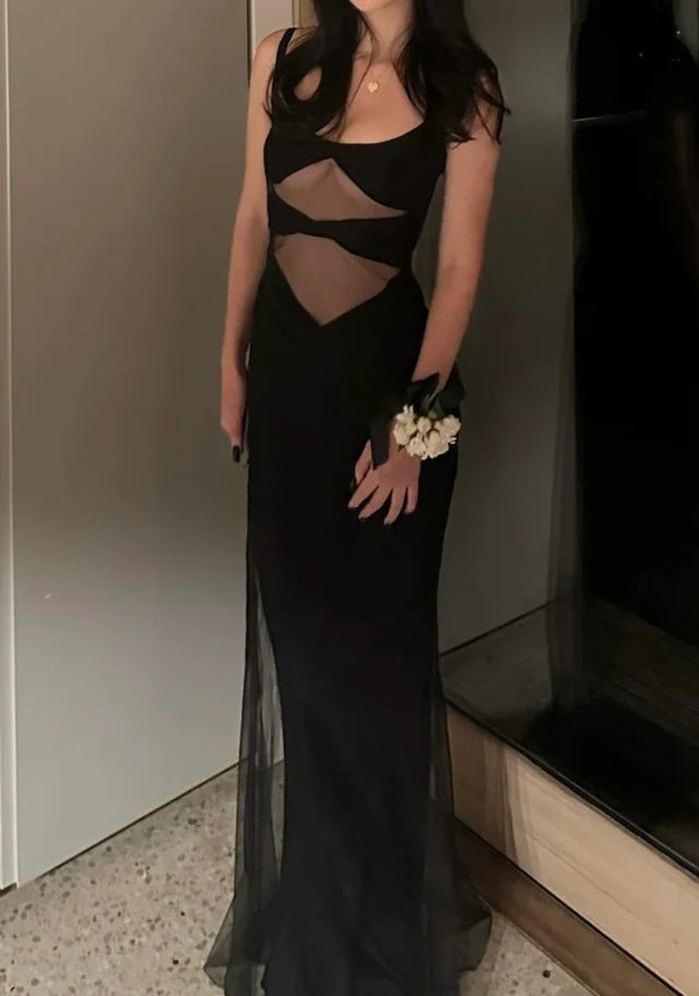 Sexy Prom Dress Black Spaghetti Straps Sheath Tulle Gala Gown Birthday Party Outfits Evening Dresses D4939