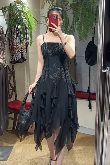 Charming Prom Dress Black Spaghetti Straps Ruffle Evening Dresses Chiffon Gala Gown Cocktail Outfits D4966