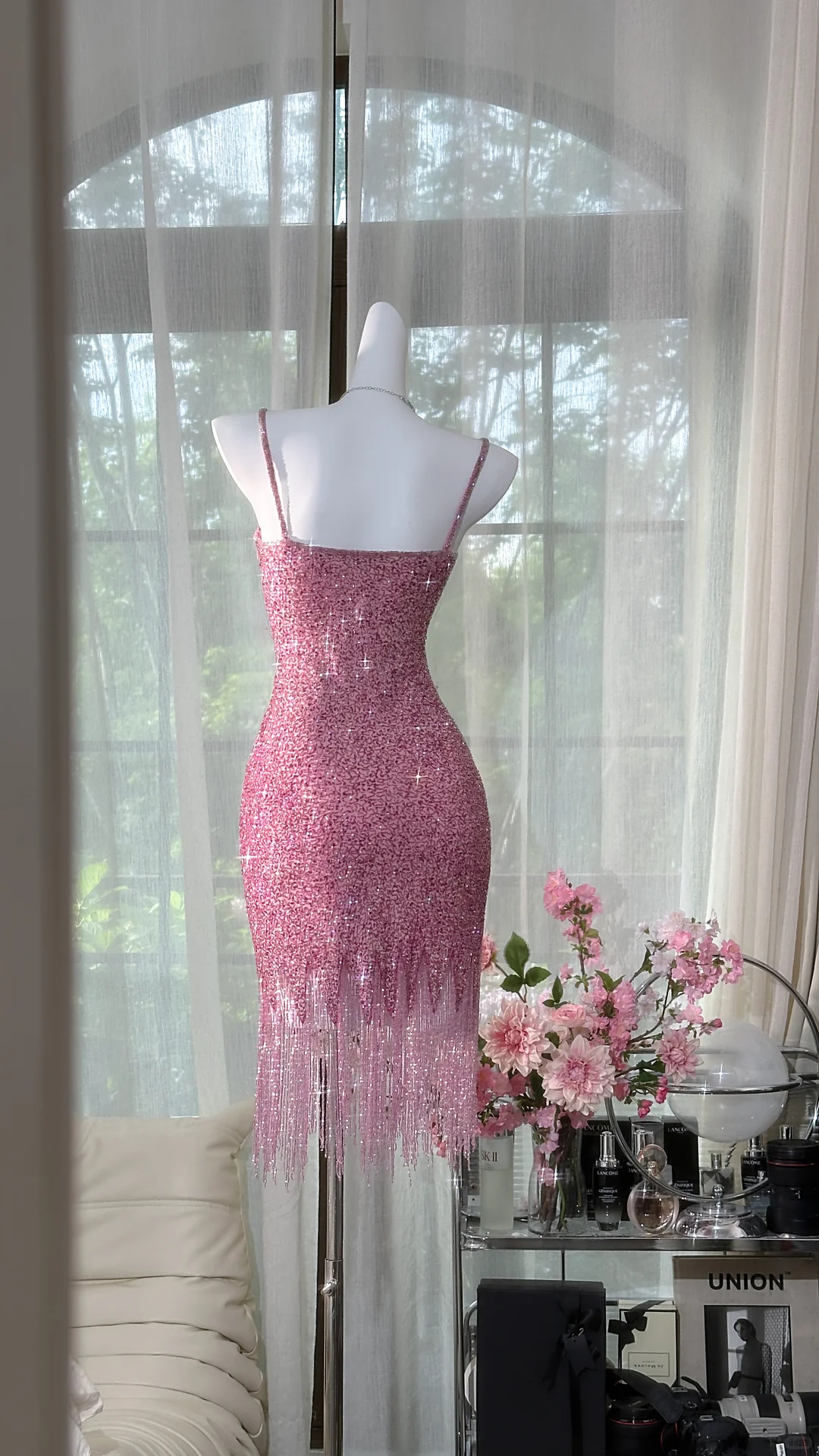 Vintage Pink Sparkling Sequin Spaghetti Strap Tassels Hem Romantic Evening Dress Prom Dresses D1606