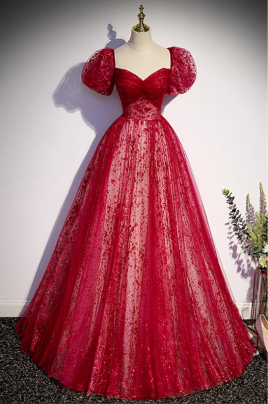 Dreamy Burgundy A-Line Tulle Long Prom Dress Graduation Dress MD7307
