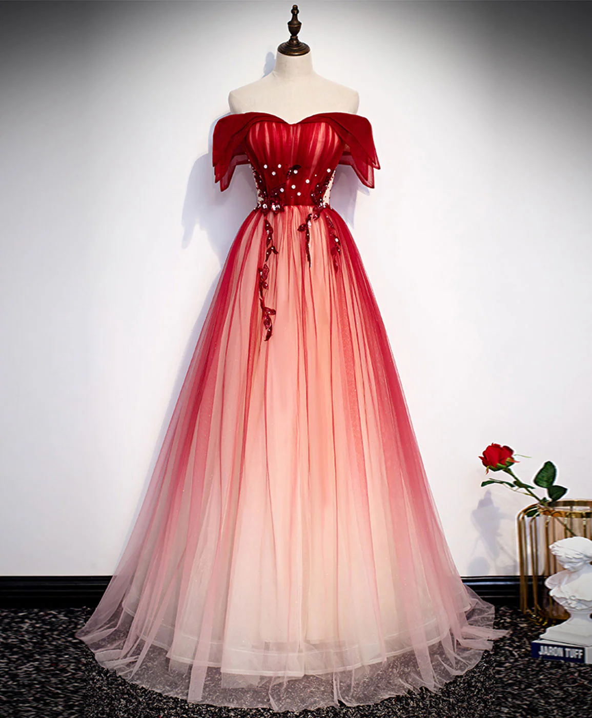Burgundy Off Shoulder Tulle Long Prom Dress Burgundy Formal Dress MD7236