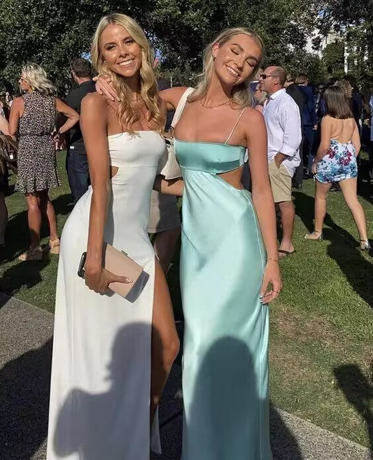 Robe de soirée longue en satin bleu à bretelles spaghetti, robe d'invitée de mariage MD7398
