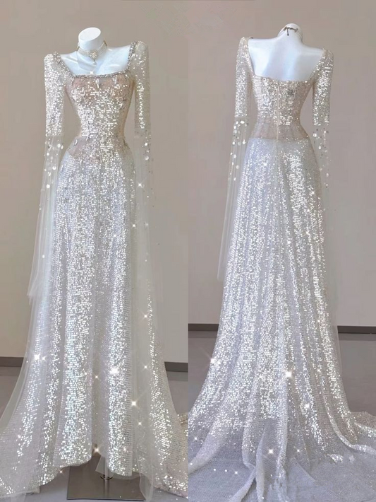 Champagnerfarbenes Partykleid mit quadratischem Ausschnitt und Pailletten und langen Ärmeln MD7484