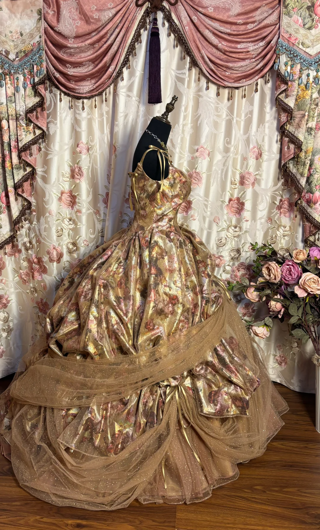 Retro Straps A-Line Printed Tulle Long Formal Evening Gown Birthday Ball Gown, D838