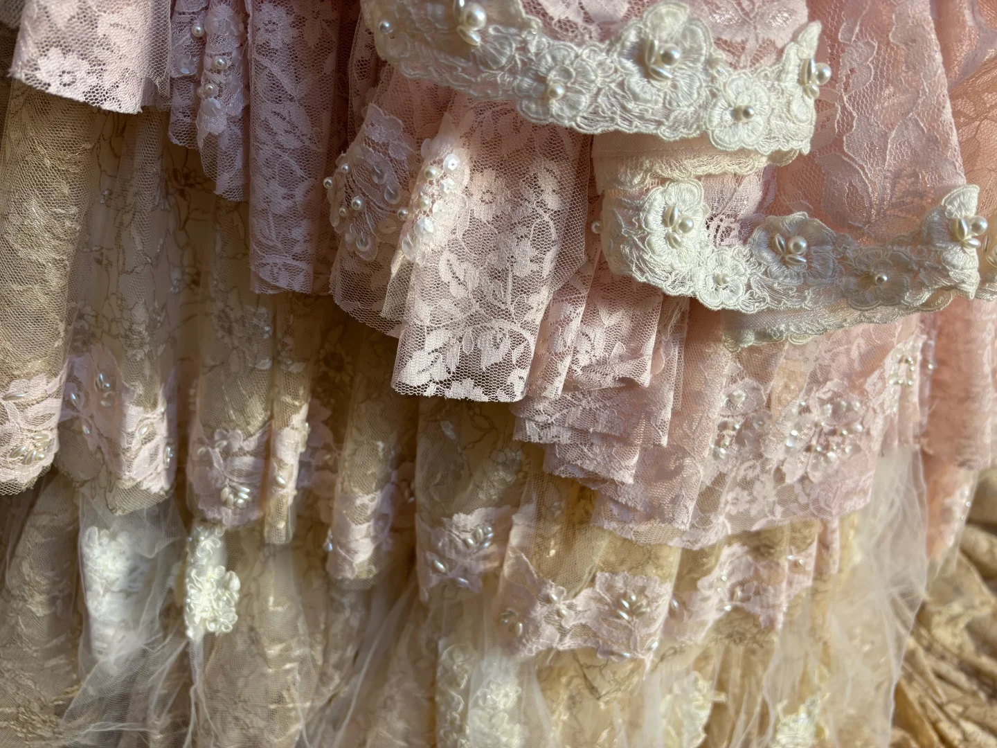Pink Strapless A-Line Lace Tiered Princess Ball Gowns Formal Evening Gowns, D1117