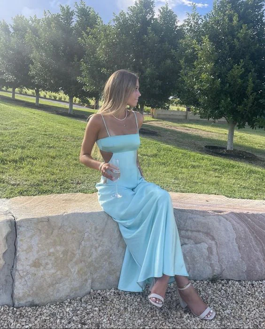 Robe de soirée longue en satin bleu à bretelles spaghetti, robe d'invitée de mariage MD7398