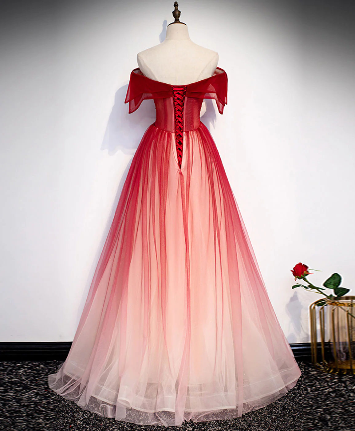 Burgundy Off Shoulder Tulle Long Prom Dress Burgundy Formal Dress MD7236