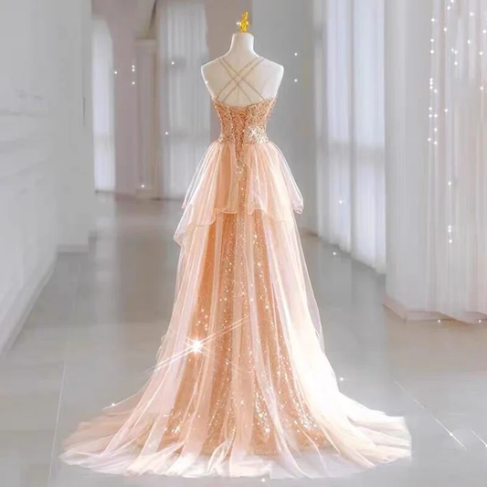 Robe de soirée longue rose brillante à bretelles et paillettes, coupe trapèze, MD7334